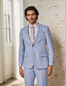 Costume 2 pièces en lin bleu ciel pour hommes ensemble blazer et pantalon décontractés coupe ajustée d'été ensemble formel et décontracté bleu ciel coupe ajustée pour l'été - Product Image 2
