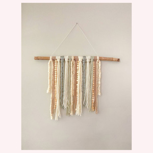 Two-Tone Boho Yarn Wall Hanging Soft Textured Fiber <b>Art</b> on Wooden Dowel for Aesthetic Home Styling - Product Image 3