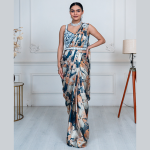 Saree de diseñador listo para usar en tela de satén dorado estampado con trabajo hecho a mano de alta calidad para una ropa festiva y de FIESTA DE LA India - Product Image 2