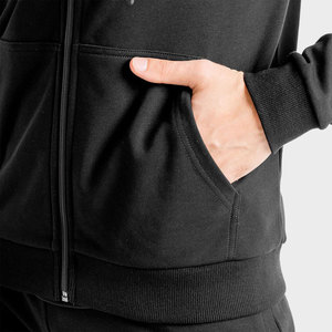 Sudadera con capucha de algodón 100% pesado con cremallera completa negra para hombre al por mayor, estilo urbano, con logo personalizado OEM - Product Image 4