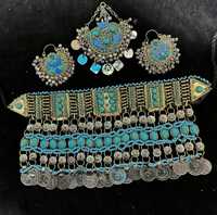 Ensemble traditionnel afghan Kuchi tribal en acier inoxydable collier ethnique fait à la main boucles d'oreilles incrustation de verre coloré pièces pour les fêtes