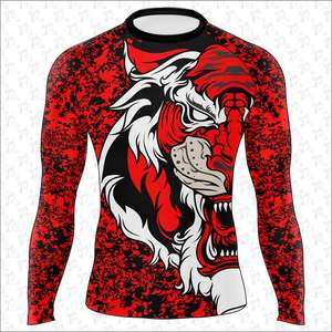 ขายส่งกีฬาผู้ชายฟิตเนสยิมการฝึกอบรมผื่นยามแขนยาวบีบอัดระเหิดพิมพ์เสื้อ Rash Guard OEM - Product Image 3