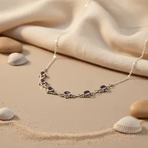 925 <b>Sterling</b> <b>Silver</b> Amethyst Pendant Necklace <b>Women</b> Classic Link <b>Chain</b> Bezel Setting Secure Clasp Geometric Shape Everyday Wear - Product Image 1