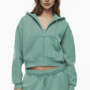 Sweat-shirt à capuche court en tricot pour femmes, fermeture éclair sur le devant, style streetwear décontracté, épaules tombantes, respirant, écologique - Product Image 6