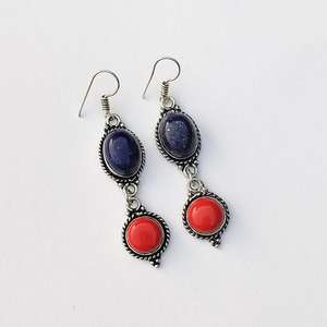 <b>Red</b> Coral And Lapis Lazuli Multi Stone <b>Earrings</b> Silver Plated Ear Wire Crystal <b>Earrings</b> Handmade Boho Jewelry Colorful Gift - Product Image 5