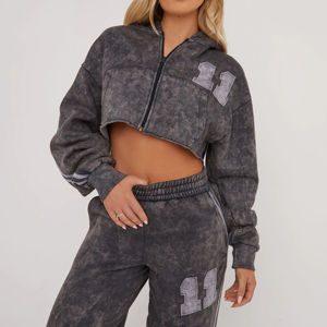 Conjunto de chándal de algodón lavado con efecto ácido para mujer, top corto transpirable, venta al por mayor para fabricantes de ropa - Product Image 5