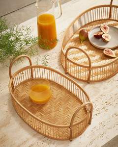 Bandejas de servicio de ratán de inspiración Bohemia para usar como bandejas de exhibición en mesas de café otomanas o mesitas de noche de dormitorio - Product Image 2