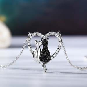 Jeulia Love's Silhouette <b>Cat</b> Couple Sterling Silver Heart <b>Necklace</b> Bezel Set - Product Image 4