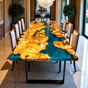 Mesa de Comedor de Resina Epoxi Azul con Borde Natural de Madera de Acacia, Mueble de Sofá Central Hecho a Mano, Consola, Barra, Mesa de Conferencias y Reuniones - Product Image 1