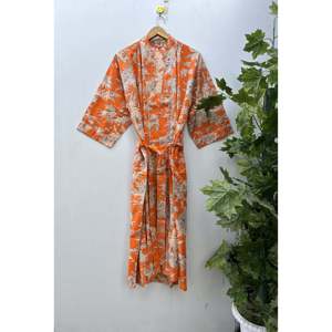 Robe kimono en coton à imprimé floral, peignoir imprimé au bloc avec col mandarin, respirant, taille unique, vêtement de loisirs - Product Image 1