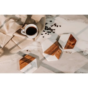 Sous-verres en noyer élégant marbre et bois de manguier hexagone sous-verre ensemble décor à la maison Accent moderne géométrique marbre bois sous-verres - Product Image 3