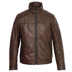 Chaqueta Bomber de Cuero de Piel de Cabra Marrón Personalizada a la Moda con Cuello Alto de Lona Recubierta y Logotipo Frontal para Hombre - Product Image 2