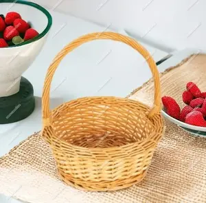 Hete Verkoop Universele Grote Witte Rieten Handgemaakte Ronde Mand Met Handvat Bloemen Fruit Brood Picknick Cadeau Opbergmand