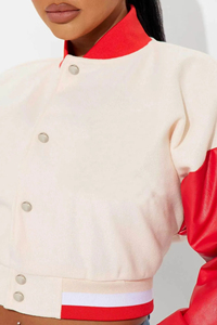 Veste courte de style universitaire pour femmes, avec manches longues en cuir, en laine et en toile, design respirant, côtes, marque privée - Product Image 3