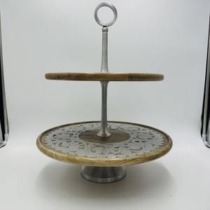 Luxury 2 Tier Wood Cake Stand With Ornate Metal Inlay Round Wooden <b>Cupcake</b> Tower With <b>Top</b> Handle for Gulf Wedding & Party Events - Product Image 5