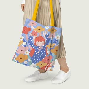 Happy Girl Solid Color <b>Canvas</b> Tote <b>Bag</b> with Zipper <b>Drawstring</b> Closure Customizable Logo Portable Cotton Lining for All Seasons - Product Image 4