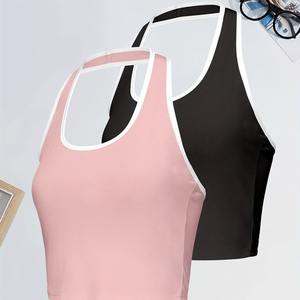 Paquete de 2 camisetas sin mangas con ribete en contraste, camiseta informal sin mangas con cuello Halter para verano y primavera, ropa de mujer - Product Image 3