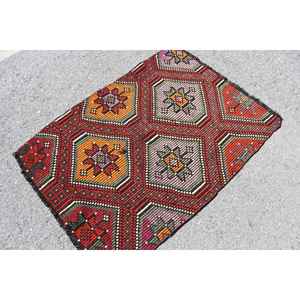 Alfombra vintage de 3.1x4.2 pies, alfombra turca pequeña, alfombra con motivos de plantas y árboles en rojo y naranja - Product Image 2