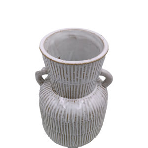 Catégorie de produit Vase en céramique blanc rustique moderne Design à rayures verticales texturées avec poignées Vase en porcelaine - Product Image 3