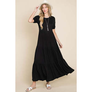 BOMBOM Elegante Abito Lungo Casual con Maniche Corte e Design a Strati XS-6XL Vita Elasticizzata Lunghezza al Ginocchio per Donne - Product Image 4