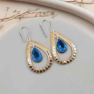 ต่างหูบลูโทแพซทำมือ ชุบทอง เงินสเตอร์ลิง ของขวัญสุดหรูสำหรับผู้หญิง ดีไซน์โบโฮ ประจำเดือนธันวาคม - Product Image 2