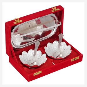Juego de cuencos exclusivo y personalizado con bandeja y cucharas Juego de cuencos de fruta seca con chapado en oro plateado en caja de terciopelo para regalos corporativos - Product Image 1