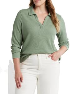 2024 Summer New Pullover Female Clothing Fashion Solid Polo Loose Long Sleeve Cotton <b>Waffle</b>-knit fabric Collared Neck Women Tee - Product Image 5