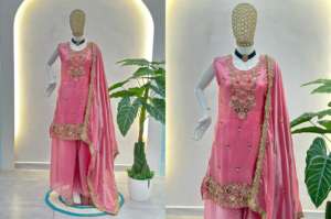 Ensemble Palazzo 3 Pièces Designer en Soie Fandy avec Broderie Perles et Sequins – Tenue Palazzo Tendance avec Dupatta - Product Image 5