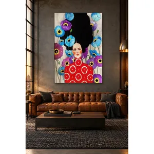 Fida, femme en blouse rouge parmi des coquelicots bleus et violets, impression sur toile - Product Image 5