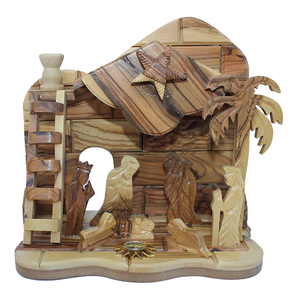 Meilleur ensemble artisanal de Noël fait main de haute qualité et durable, à poser sur étagère, en bois d'olivier, motifs grotte de Bethléem Palestine - Product Image 1