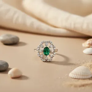 Anillo Ajustable de Plata con Diseño Floral y Esmeralda para Mujer, Chapado en Oro de 18K y Rodio, Estilo Incrustado Moderno y a la Moda, Regalo - Product Image 2