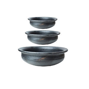 Wholesale <b>Set</b> of 3 Eco-Friendly Clay Black Skillets Unglazed Natural Earthenware Kitchen <b>Pans</b> with Induction Bottom - Product Image 1