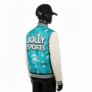 <b>Women</b> Varsity <b>Jacket</b> High Quality Polyester Fabric Teal Body <b>White</b> Sleeve Panels Custom Heat Transfer Logo <b>Women</b> Varsity <b>Jackets</b> - Product Image 5
