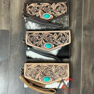 New Factory Wholesale New Luxury Fashion RFID Long Credit Card Holder Wristlet Wallets Hand Tooled Cowhide Leather Clutch Purse - Product Image 1