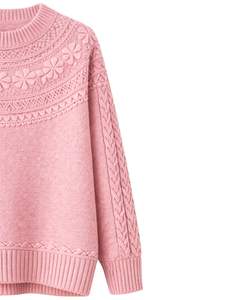 Pull en tricot jacquard rose blush personnalisé, texture florale, col rond, manches longues, pull d'hiver pour femmes, vente en gros personnalisée - Product Image 3