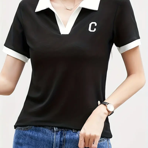 Vente en gros de t-shirts à manches courtes pour femmes, nouveaux hauts solides avec col, coupe ajustée, style décontracté, manches en coton personnalisées, décoration avec logo - Product Image 5