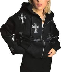 เสื้อมีฮู้ดโอเวอร์ไซส์ประดับพลอยเทียมมีซิปทันสมัยสำหรับผู้หญิงเสื้อมีฮู้ดแบบลำลองระบายอากาศสวมใส่สบายสำหรับฤดูหนาว - Product Image 2