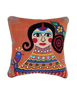 Factory Direct Verscheidenheid Van Frida Kahlo Geïnspireerd Oranje Crewel Geborduurde Katoen Kussenhoes Huis Decoratieve Luxe Kussensloop