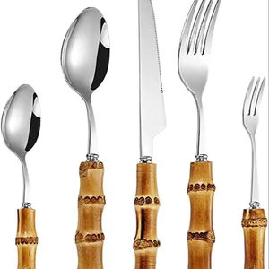 Ensemble de couverts en acier inoxydable avec manche en bambou, design moderne, passe au lave-vaisselle, durable, fourchette, couteau, cuillère pour la maison et le restaurant - Product Image 1