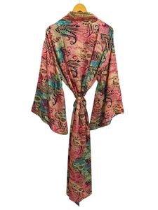 Silk <b>Kimono</b> For Woman's Woman Night Wear Long Robe, Floral Print Indian Vintage Recycled Silk Sari <b>Kimono</b>, - Product Image 3