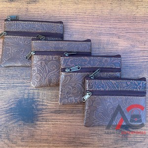Nouvelle vente chaude à la main en cuir véritable gaufré marron Floral Double fermeture éclair Mini portefeuille pour femmes Vintage pochette en cuir de vachette - Product Image 1