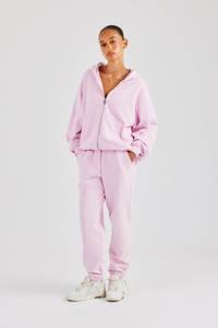 Set all'ingrosso di cotone 100% personalizzato 300gm con cappuccio e pantaloni della <span class=keywords><strong>tuta</strong></span> per le donne <span class=keywords><strong>rosa</strong></span> oversize <span class=keywords><strong>tuta</strong></span> larga con Zip - Product Image 3