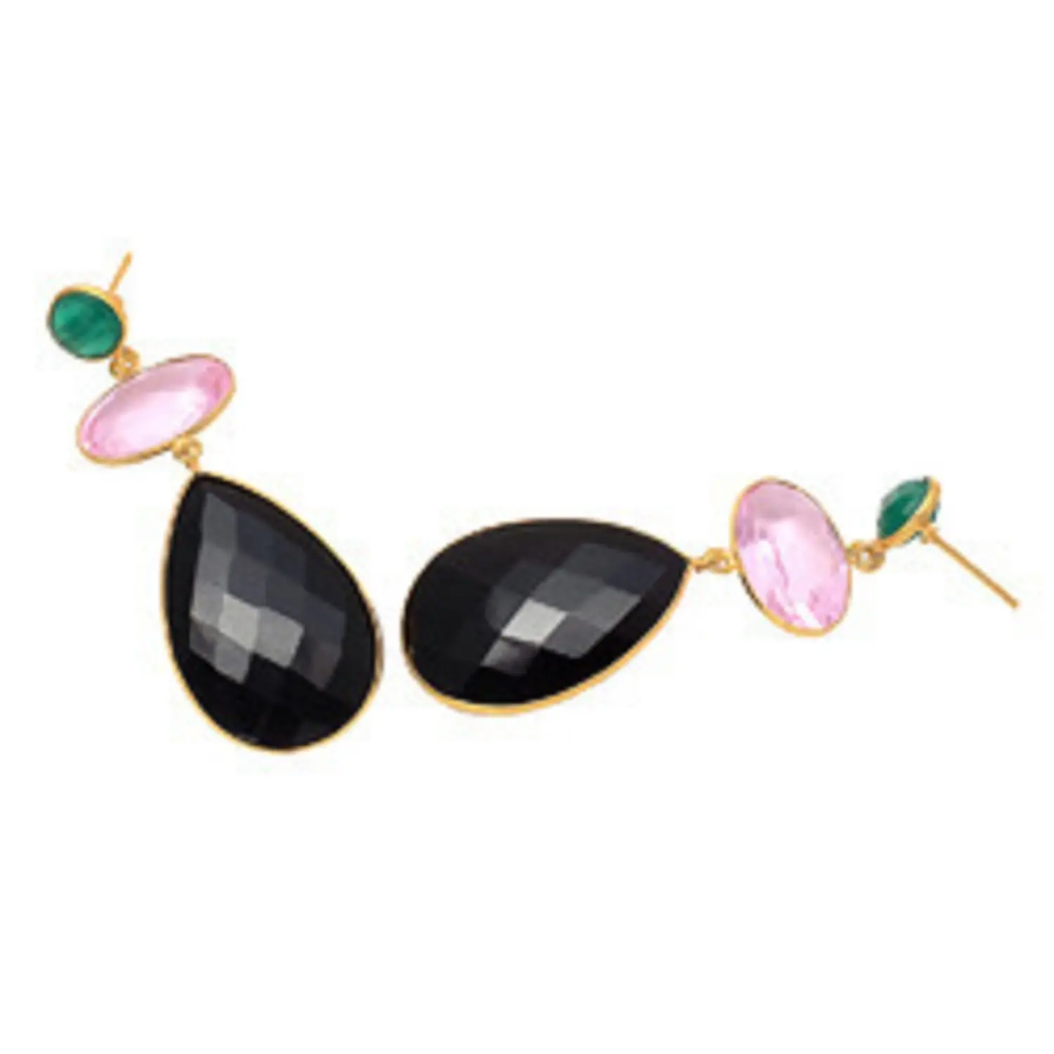 Exclusive Black Onyx Pink Quartz Hydro & Green Onyx Jewelry Gold Plated 925 Sterling Silver Pear Shape Gemstone Earring