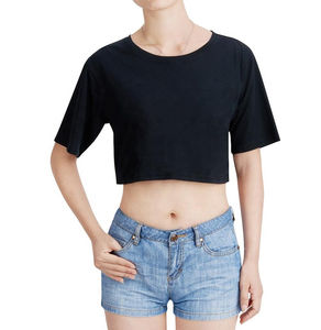 Tops cortos bordados personalizados para mujer, camiseta de manga corta 100% de algodón, top corto holgado, camisetas de yoga y gimnasio - Product Image 1