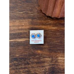 Zuni Handmade Opal & Sterling <b>Silver</b> <b>Stud</b> Earrings Flower Shaped with Bezel Setting for Gift - Product Image 5