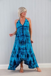 เดรสแม็กซี่ยาวถึงข้อเท้าสีฟ้าเปลือยหลังดีไซน์ใหม่ชุดเดรสยาวผ้าเรยอนมัดย้อมลายดอกไม้สำหรับผู้หญิงเดรสยาวฤดูร้อน - Product Image 3