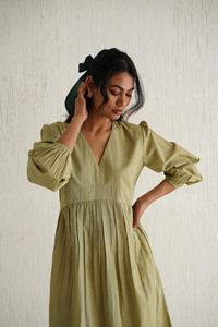 ชุดเดรสผ้าลินินคอวีสำหรับผู้หญิงชุดเดรสผ้าลินินวินเทจสำหรับฤดูร้อน - Product Image 3