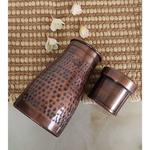 Handmade Indian Ayurveda Hammered Copper Bottle Premium 650ml Immunity Booster <b>Drinkware</b> with Sport Cap and Lid - Product Image 4