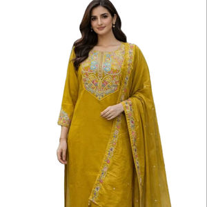 Ensemble Kurti et pantalon en coton et soie, style culturel gujarati, magnifique design de col, longueur genou, avec dupatta, pour femmes ou filles, spécial. - Product Image 1