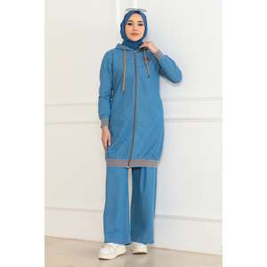 Ensemble deux pièces décontracté pour femme en denim côtelé bleu foncé, col rond, manches longues, fermeture éclair, 100 % coton, XS/XS, avec short mi-longueur au genou - Product Image 6